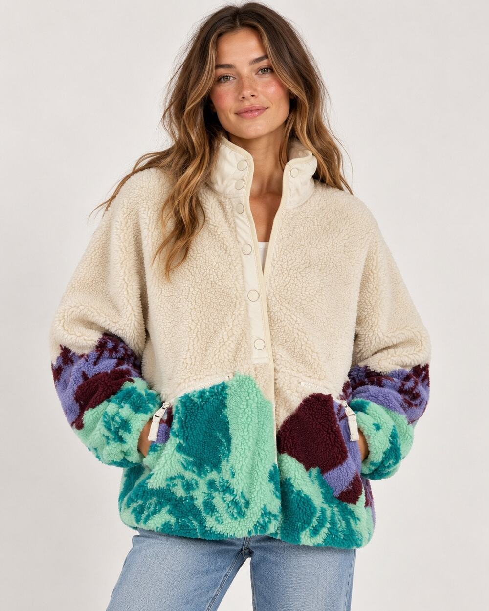 FP Movement Hit The Slopes Printed Fleece Jacket Cream Sherpa Gorpcore Ski